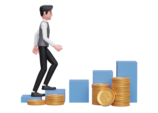 Businessman in gray vest walking on stock chart with gold coin pile ornament  3D Illustration