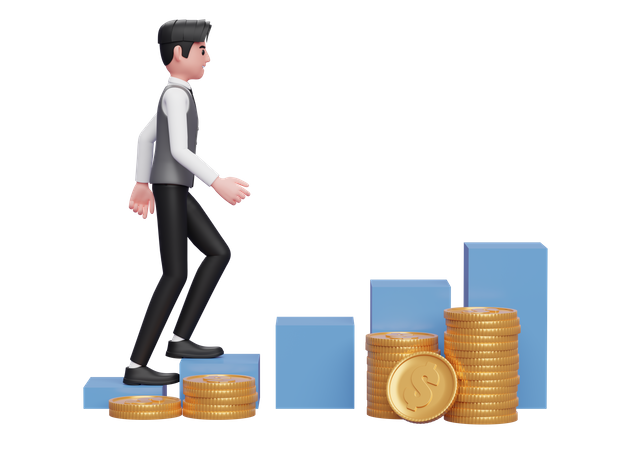 Businessman in gray vest walking on stock chart with gold coin pile ornament 3D Illustration