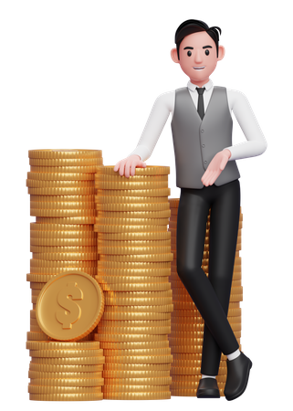 Businessman in grey vest blue tie standing with crossed legs and leaning on pile of gold coins  3D Illustration