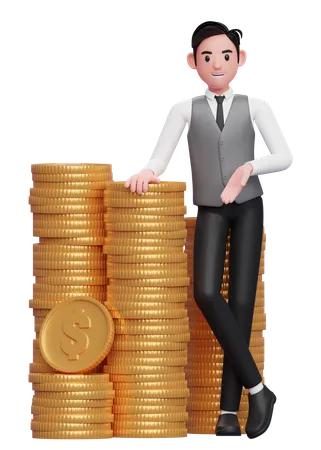 Businessman in grey vest blue tie standing with crossed legs and leaning on pile of gold coins  3D Illustration