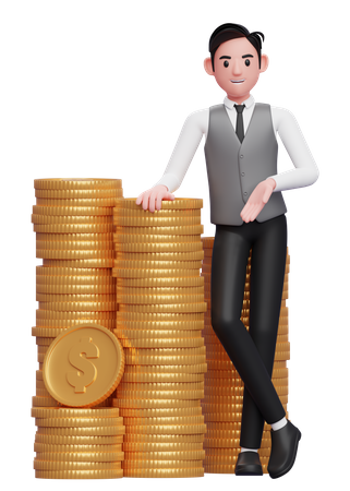 Businessman in grey vest blue tie standing with crossed legs and leaning on pile of gold coins 3D Illustration