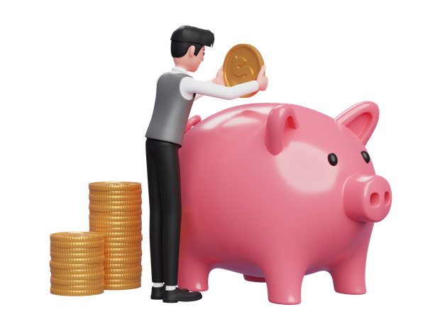 Businessman in grey vest carefully keeps gold coins in pink piggy bank 3D Illustration