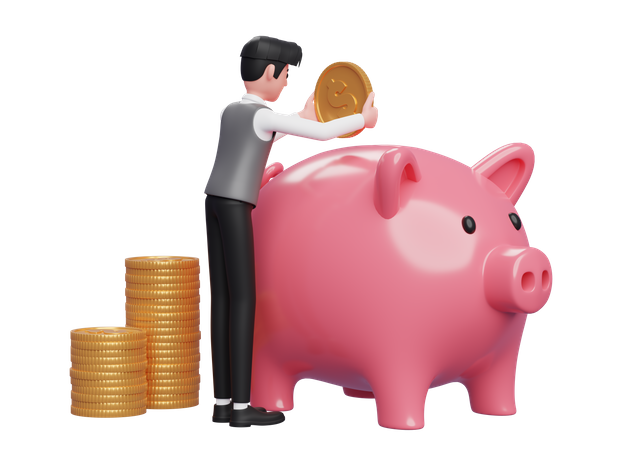 Businessman in grey vest carefully keeps gold coins in pink piggy bank  3D Illustration