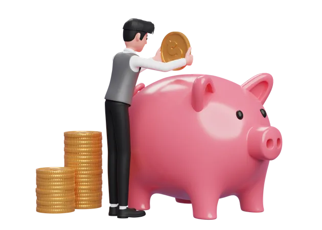 Businessman in grey vest carefully keeps gold coins in pink piggy bank  3D Illustration