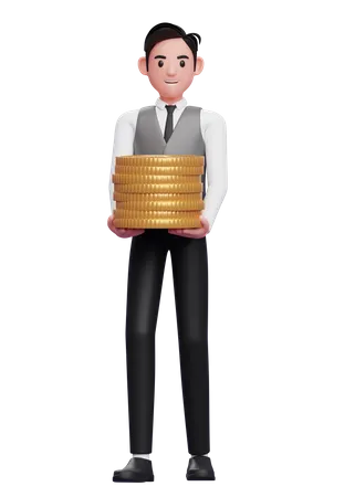Businessman In Grey Vest Carry Piles Of Gold Coins 3 D Illustration Of A Businessman In Grey Vest Holding Dollar Coin 3D Illustration