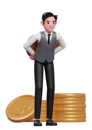 Businessman in grey vest carrying a giant dollar coin on his back  3D Illustration