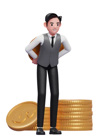 Businessman in grey vest carrying a giant dollar coin on his back  3D Illustration