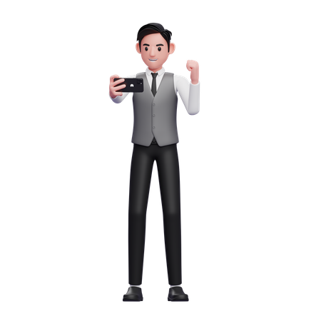 Businessman in grey vest celebrating while looking at the phone screen  3D Illustration