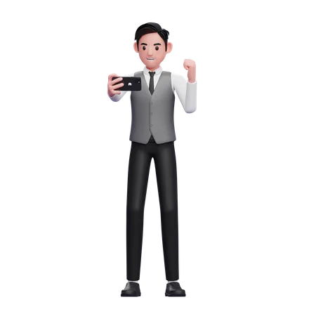 Businessman in grey vest celebrating while looking at the phone screen  3D Illustration