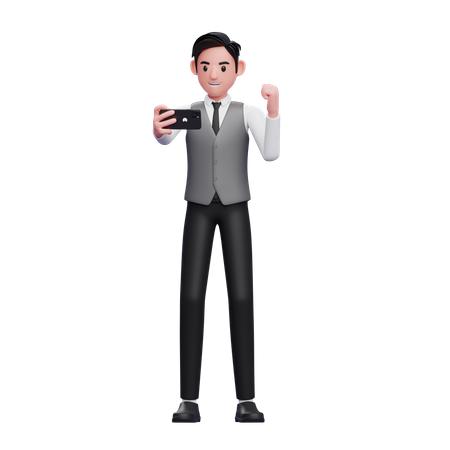 Businessman in grey vest celebrating while looking at the phone screen 3D Illustration
