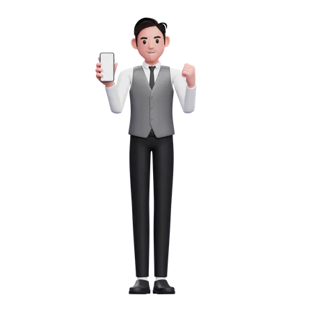 Businessman in grey vest doing winning gesture with showing phone screen  3D Illustration