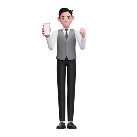 Businessman In Grey Vest Doing Winning Gesture With Showing Phone Screen 3 D Illustration Of Businessman Using Phone 3D Illustration