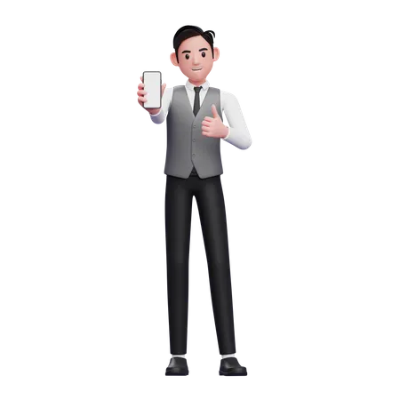 Businessman in grey vest give thumbs up and showing phone screen 3D Illustration