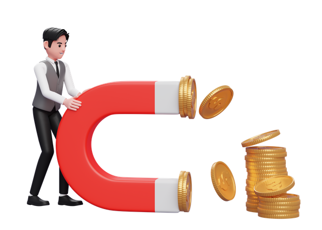 Businessman in grey vest Hold a Big Magnet To Attract Coins  3D Icon