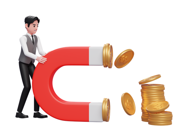Businessman in grey vest Hold a Big Magnet To Attract Coins 3D Illustration