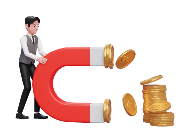 Businessman in grey vest Hold a Big Magnet To Attract Coins  3D Illustration