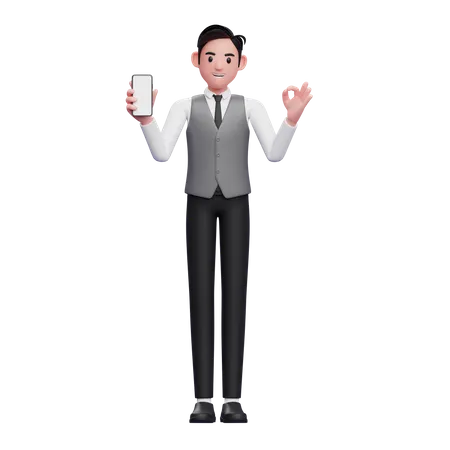 Businessman in grey vest holding phone and showing ok finger  3D Illustration