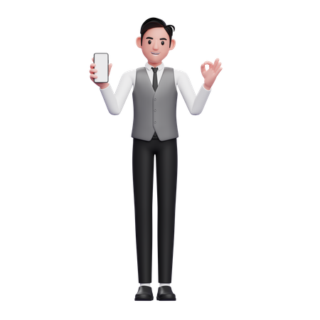 Businessman in grey vest holding phone and showing ok finger 3D Illustration