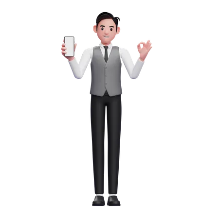 Businessman in grey vest holding phone and showing ok finger 3D Illustration