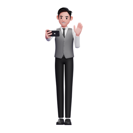 Businessman in grey vest make video calls 3D Illustration