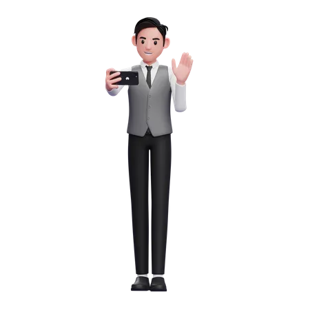 Businessman in grey vest make video calls 3D Illustration