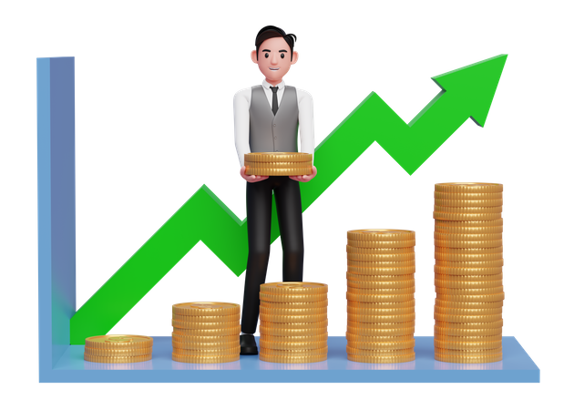 Businessman in grey vest making statistical bar chart with pile of gold coins  3D Illustration