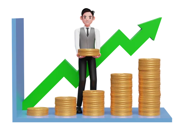 Businessman in grey vest making statistical bar chart with pile of gold coins  3D Illustration