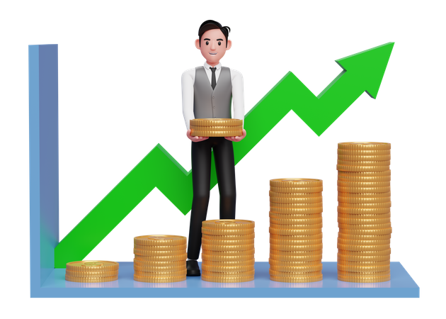 Businessman in grey vest making statistical bar chart with pile of gold coins 3D Illustration
