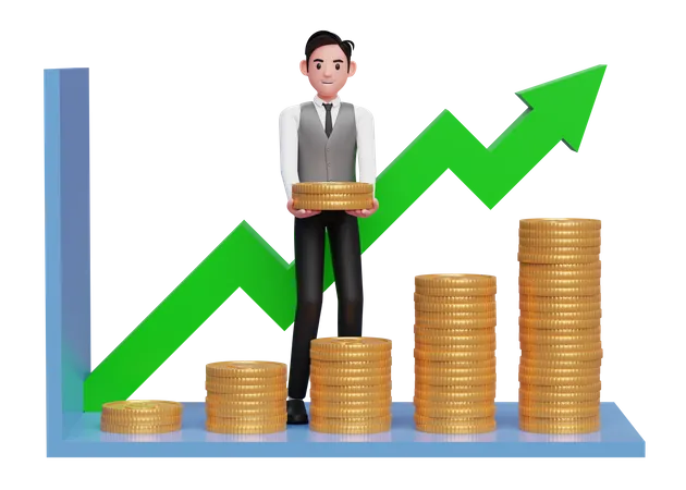 Businessman in grey vest making statistical bar chart with pile of gold coins 3D Illustration