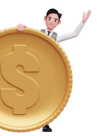 Businessman in grey vest Peek behind the big coin  3D Illustration