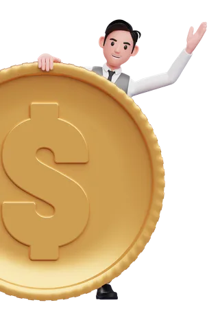 Businessman In Grey Vest Peek Behind The Big Coin 3 D Illustration Of A Businessman In Grey Vest Holding Dollar Coin 3D Illustration