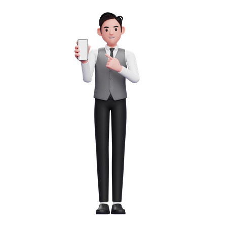 Businessman in grey vest pointing to phone screen  3D Illustration