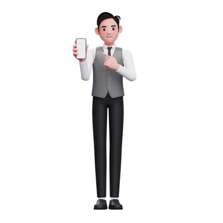 Businessman in grey vest pointing to phone screen 3D Illustration