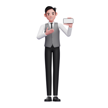 Businessman in grey vest presenting with a landscape phone screen  3D Illustration