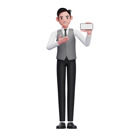 Businessman in grey vest presenting with a landscape phone screen  3D Illustration