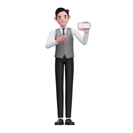 Businessman in grey vest presenting with a landscape phone screen 3D Illustration