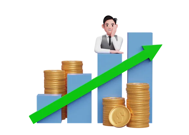 Businessman in grey vest putting her chin in hand while leaning on bar chart Stock growth  3D Illustration