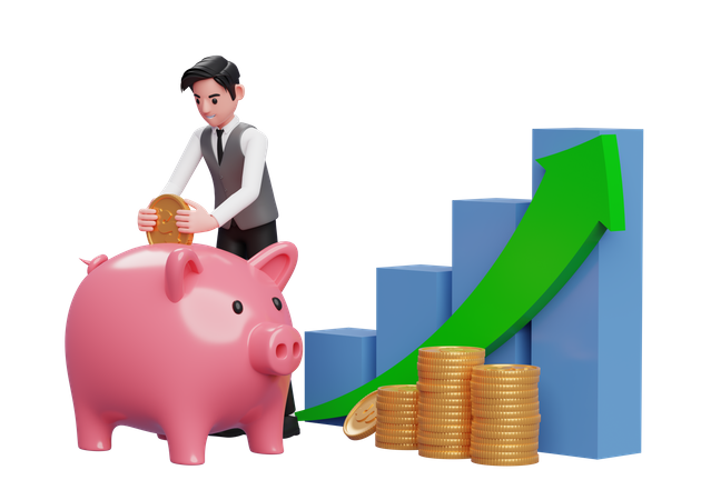 Businessman in grey vest saving gold coins into piggy bank with bar chart and green arrow up 3D Illustration