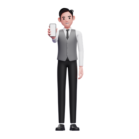 Businessman in grey vest showing phone screen to the camera  3D Illustration