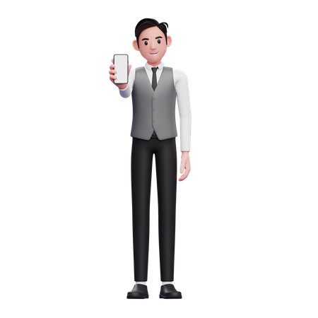 Businessman in grey vest showing phone screen to the camera 3D Illustration