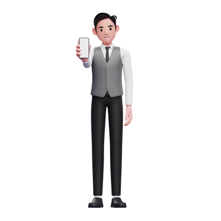 Businessman in grey vest showing phone screen to the camera  3D Illustration
