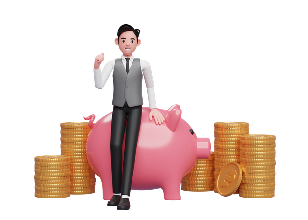 Businessman in grey vest sitting on pig piggy bank and celebrating clenching hands  3D Illustration