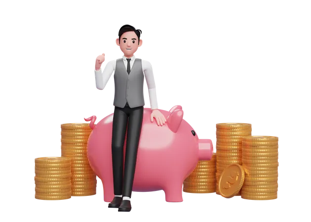 Businessman in grey vest sitting on pig piggy bank and celebrating clenching hands  3D Illustration