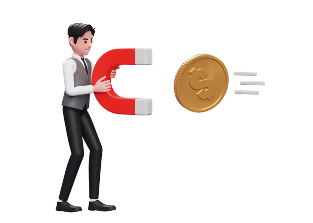 Businessman in grey vest standing holding magnet attracting gold coin  3D Illustration