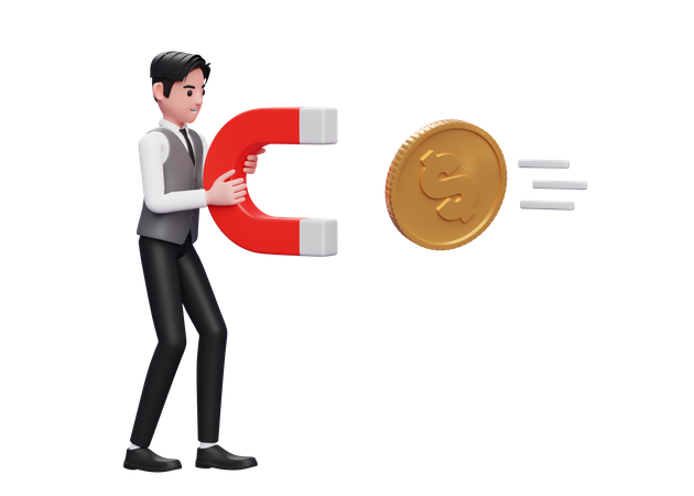 Businessman in grey vest standing holding magnet attracting gold coin  3D Illustration