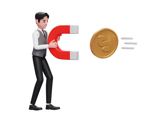 Businessman In Grey Vest Standing Holding Magnet Attracting Gold Coin 3 D Rendering Of Business Investment Concept 3D Illustration
