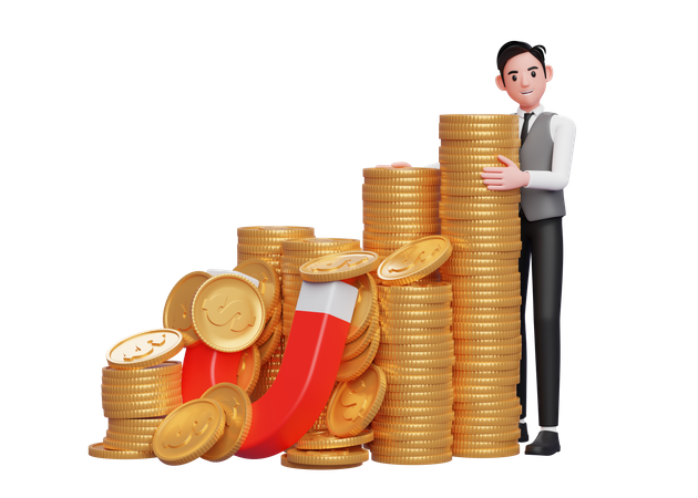 Businessman in grey vest standing hugging pile of gold coins caught by magnet 3D Illustration