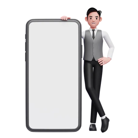 Businessman in grey vest standing next to big phone with white screen with legs crossed and hands on waist  3D Illustration