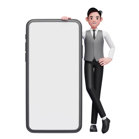 Businessman in grey vest standing next to big phone with white screen with legs crossed and hands on waist 3D Illustration