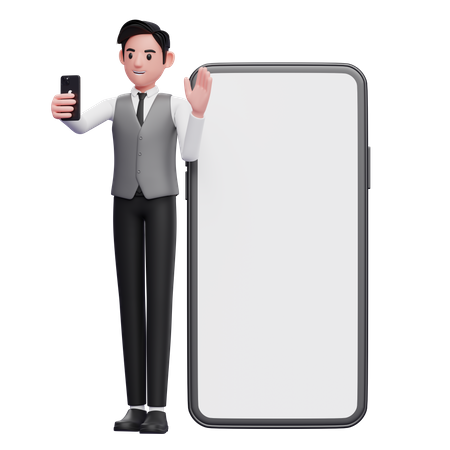 Businessman in grey vest standing while making video call and waving hand on big phone background  3D Illustration